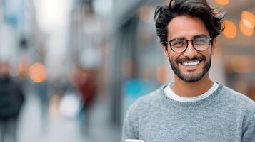 Smiling Man With Glasses in Busy Airport Terminal Holding Smartphone photo
