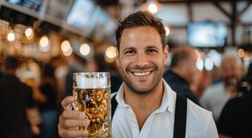 Man Smiling and Raising a Beer Glass at a Festive Gathering During the Evening photo