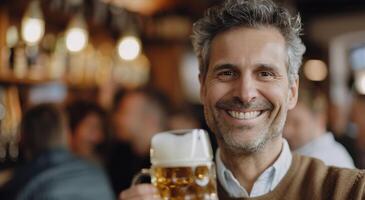 Man Holding Beer in Festival Crowd During Evening Celebration photo