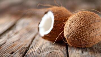 Fresh Coconuts Halved on Rustic Wooden Table photo