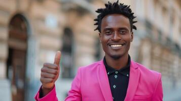 Man in Pink Suit Smiling and Posing in Busy Times Square During Daylight photo
