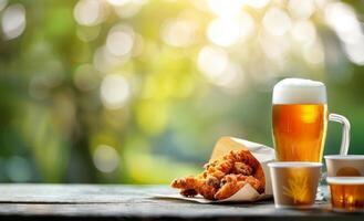 Golden Beer and Savory Chicken Wings at an Outdoor Gathering in Summer Sunshine photo