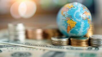 Global Currency and Globe Displayed Together on a Wooden Surface photo