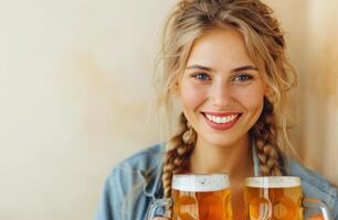 Cheerful Woman Holding Two Beer Mugs Against a Yellow Background photo