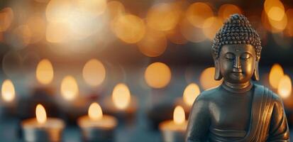 Buddha Statue Surrounded by Candles and Soft Warm Lights in a Tranquil Setting photo