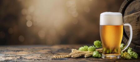 Craft Beer Glass With Foam Beside Hops And Barley Against A Wooden Barrel Background photo