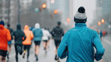 Runner Participating in a City Marathon on a Rainy Day photo
