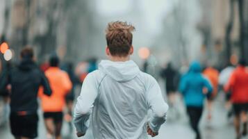 Runner Participating in a City Marathon on a Rainy Day photo