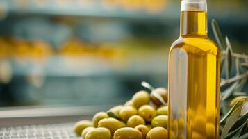Olive Oil Bottle With Fresh Olives on Rustic Wooden Table During Evening photo