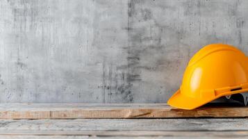 Construction Site Yellow Hard Hat at Sunset With Blurred City Background photo