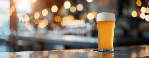 Golden Beer Glass Reflecting Warm Bar Lighting in Evening Hours photo