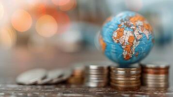 Global Currency and Globe Displayed Together on a Wooden Surface photo