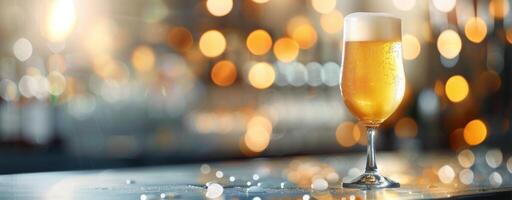 Golden Beer Glass Reflecting Warm Bar Lighting in Evening Hours photo