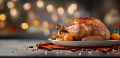 Roasted Turkey on Festive Table With Holiday Decorations photo