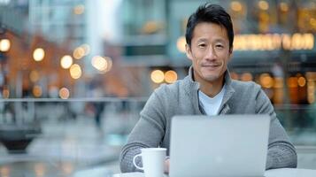 Young Man Working on Laptop in Modern Cafe During Daytime photo