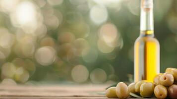 Olive Oil Bottle With Fresh Olives on Rustic Wooden Table During Evening photo