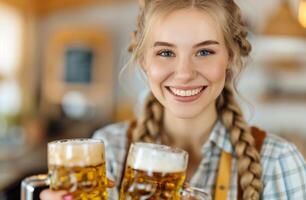 Cheerful Woman Holding Two Beer Mugs Against a Yellow Background photo