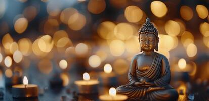 Buddha Statue Surrounded by Candles and Soft Warm Lights in a Tranquil Setting photo
