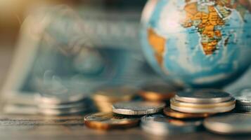 Global Currency and Globe Displayed Together on a Wooden Surface photo