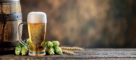 Craft Beer Glass With Foam Beside Hops And Barley Against A Wooden Barrel Background photo