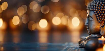 Buddha Statue Surrounded by Candles and Soft Warm Lights in a Tranquil Setting photo