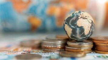 Global Currency and Globe Displayed Together on a Wooden Surface photo