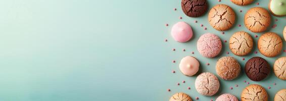 Assorted Cookies With Decorative Sprinkles on Light Blue Background photo