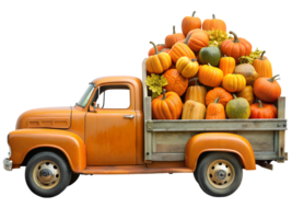 Vintage orange truck loaded with pumpkins for autumn harvest, isolated transparent png