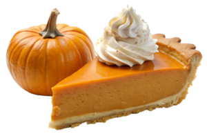 Slice of pumpkin pie with whipped cream, isolated transparent png