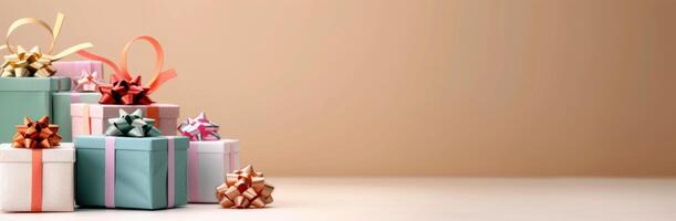 Colorful Gift Boxes Arranged on Smooth Surface With Soft Blurred Background photo