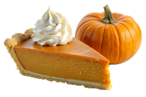Pumpkin pie slice with whipped cream and whole pumpkin, isolated transparent png