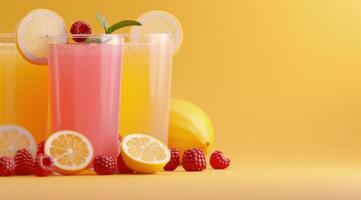 Refreshing Homemade Lemonade and Raspberry Drinks on Yellow Background photo
