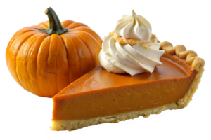 Pumpkin pie slice with whipped topping, isolated transparent png