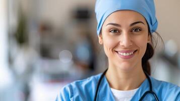 Smiling Female Healthcare Worker in Blue Scrubs With Stethoscope in Medical Facility photo