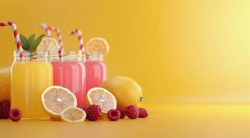 Refreshing Homemade Lemonade and Raspberry Drinks on Yellow Background photo