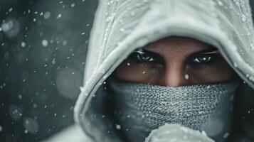 Mysterious Figure in Snowy Landscape With Hood and Scarf at Dusk photo