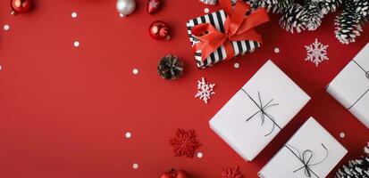 Holiday Gift Wrap Arrangement With Red Background and Seasonal Decorations photo