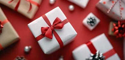 Holiday Gift Wrap Arrangement With Red Background and Seasonal Decorations photo