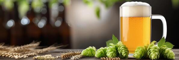Freshly Brewed Beer With Hops and Barley on Rustic Wooden Table photo