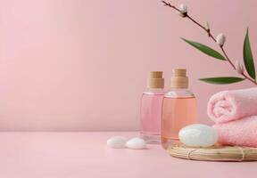 Spa Essentials With Towels And Flower Display On Soft Pink Background photo