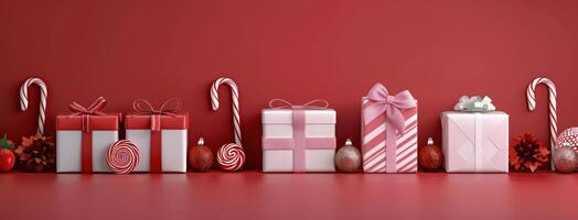 Festive Christmas Gifts and Decorations on Red Background photo