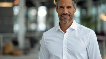 Professional Man Smiling in Modern Office Environment During Daylight photo