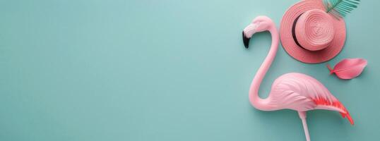 Flamingo Wearing Straw Hat Against Pastel Background photo