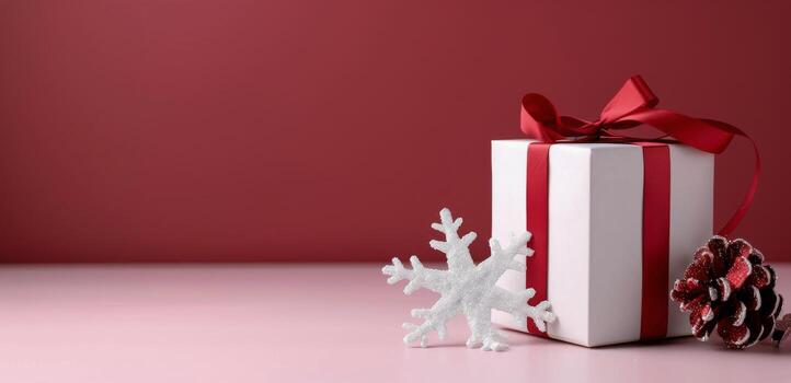 Festively Wrapped Gift Box With Red Bow on a Red Background With Snowflakes photo