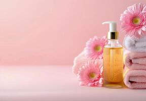 Spa Essentials With Towels And Flower Display On Soft Pink Background photo