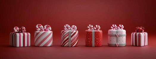Festively Wrapped Holiday Gifts With Candy Cane on Red Background photo