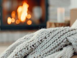 Cozy Living Room With Knit Blankets and Flickering Fireplace in Winter Evening photo