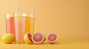 Refreshing Homemade Lemonade and Raspberry Drinks on Yellow Background photo