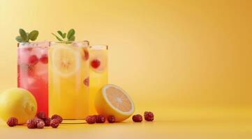 Refreshing Homemade Lemonade and Raspberry Drinks on Yellow Background photo