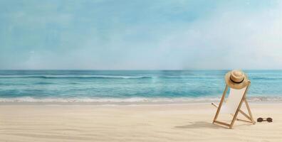 Cozy Beach Chair on Sandy Shore With Straw Hat and Sunglasses at Sunrise photo